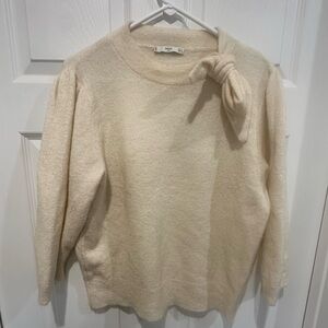 Mango Cream Knit Sweater with bow tie at neck